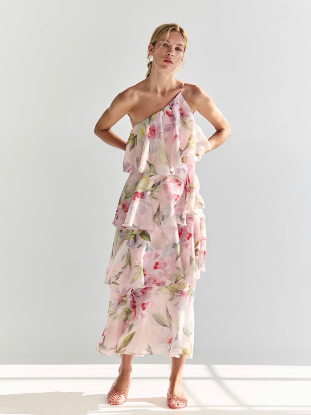 H&M One-Shoulder Pink Floral Tiered Maxi Dress